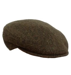 Irish Herringbone Flat Cap In Olive-Brown